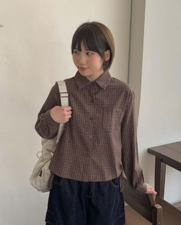 Heildi Ribbon Shirring Check Crop Shirt